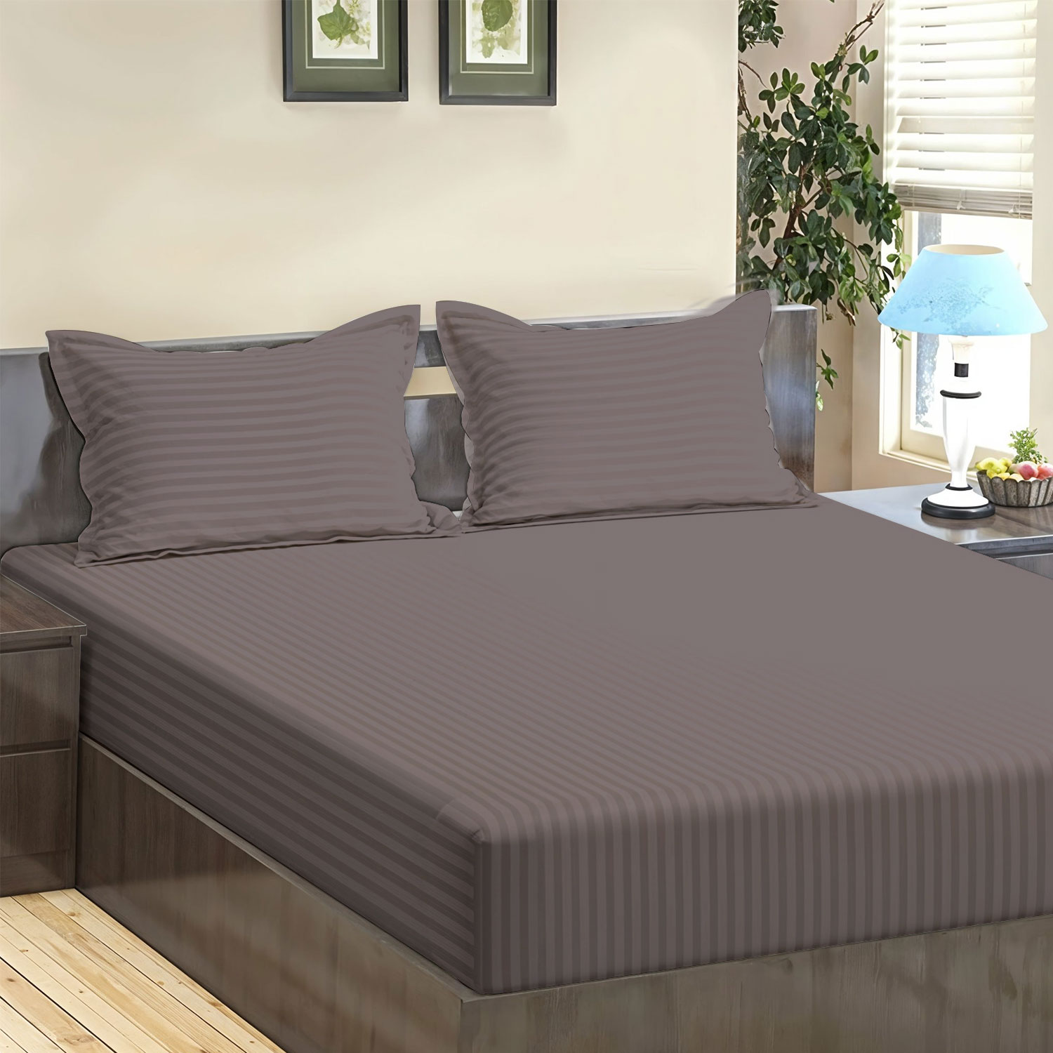 Dark Grey Stripes 300 TC Cotton Satin Bedsheet Super Soft & Breathable